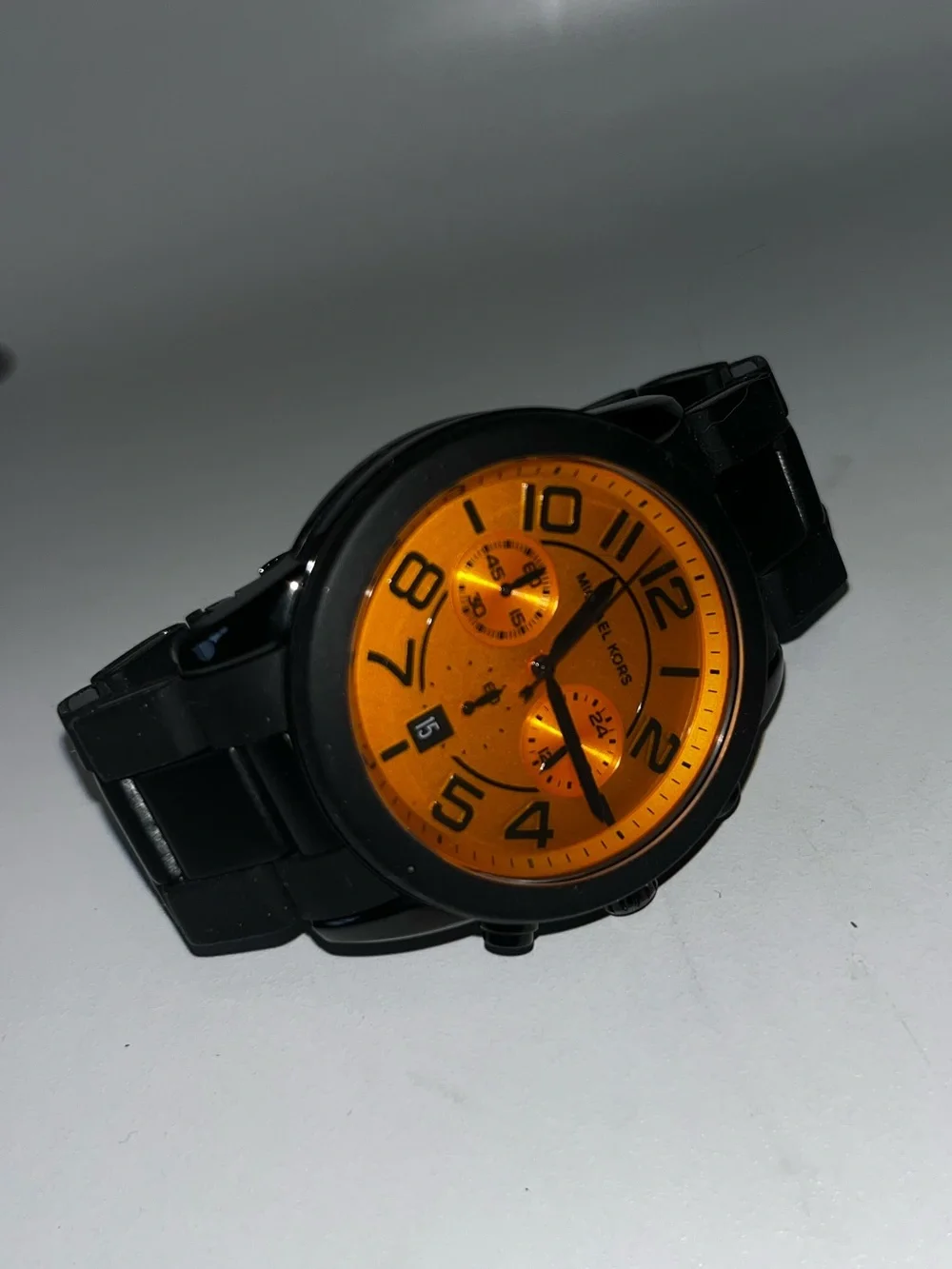 Michael Kors Bold Orange Dial Black Metal Bracelet Watch